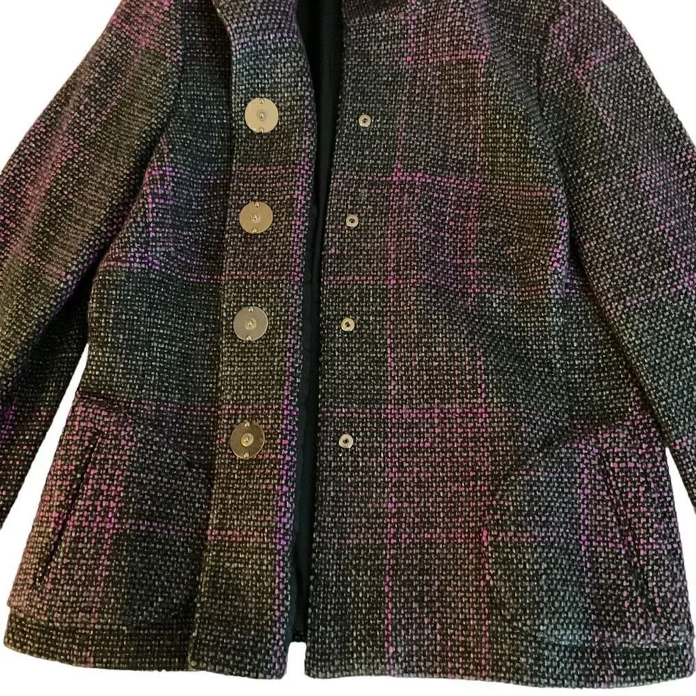 Carlisle Jacket Tweed Wool Blend Button Snap Front Black Pink Grey Weave Size 14